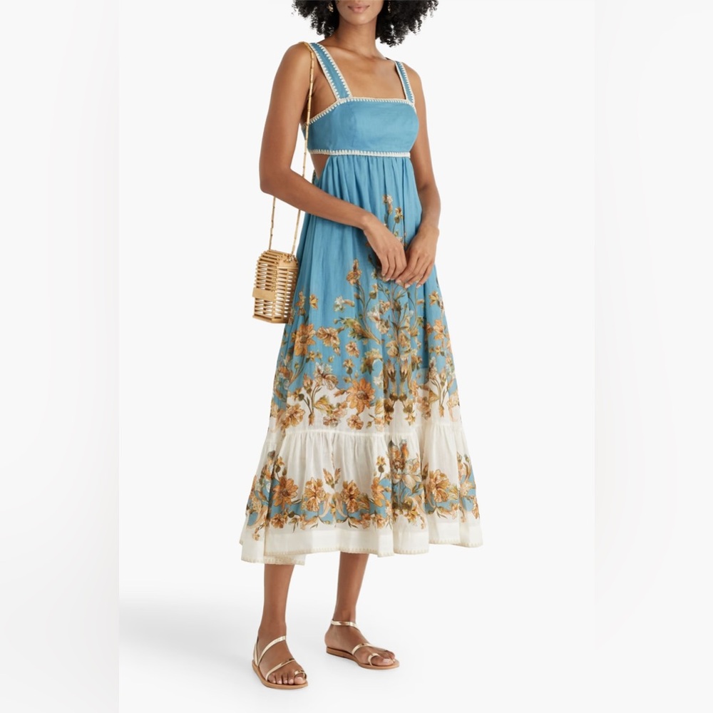 Zimmermann blue Tiered floral-print ramie midi dress